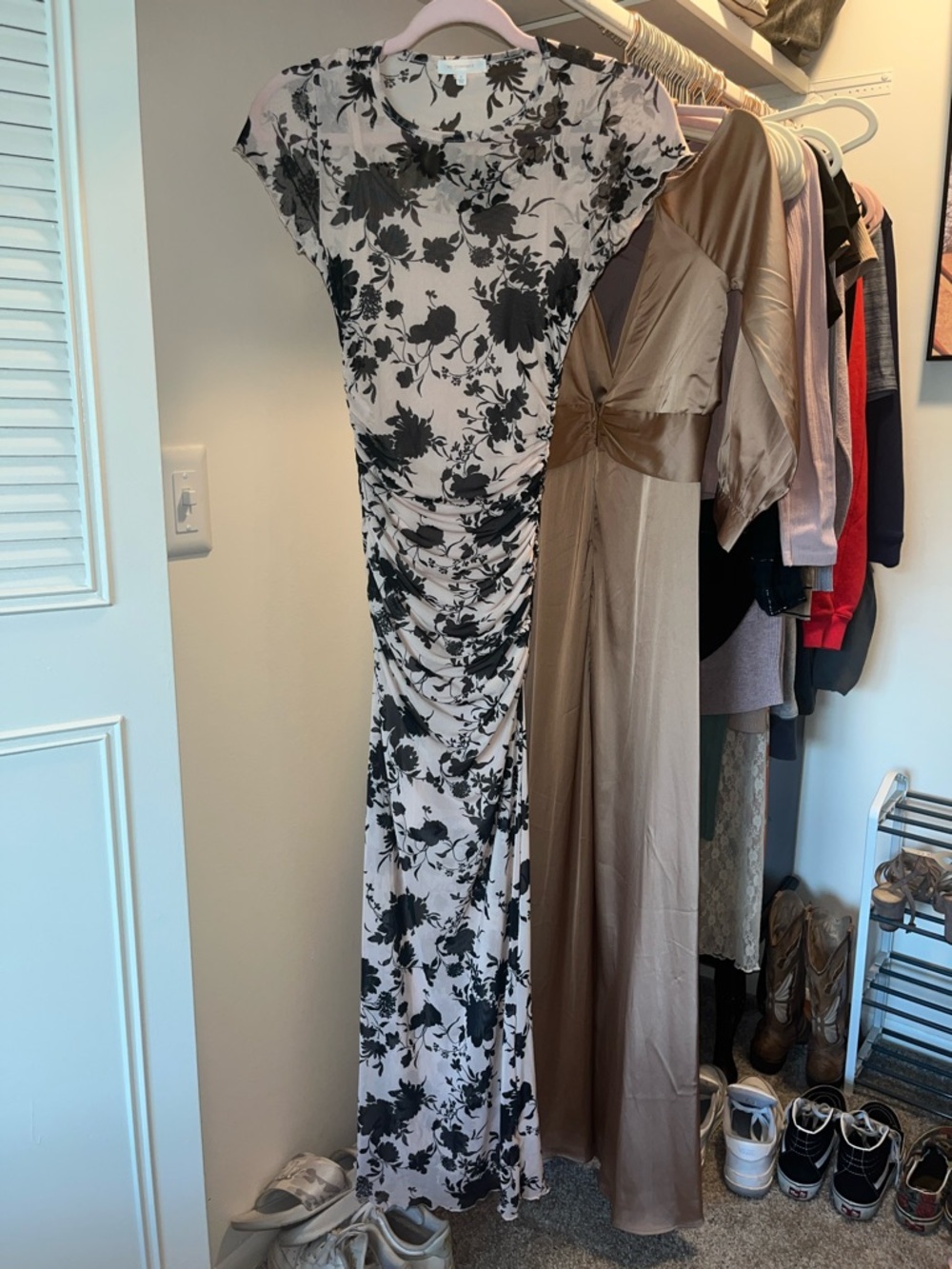 Black Floral Ruched Maxi Dress in Cream and Black
